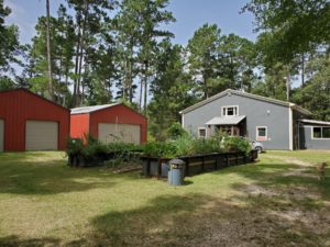 The Higley Hideaway features two red barns and a gray house nestled among tall trees and a lush garden. A dog is partially visible on the right, enjoying the sunny day with clear skies in this tranquil retreat.