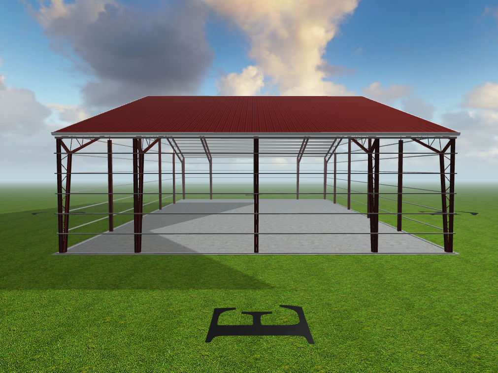 A 3D rendering of a large, open-sided metal barn structure with a red roof, reminiscent of an agricultural pavilion, set on a grassy field under a partly cloudy blue sky. The barn features a steel frame and a concrete base, embodying the essence of Cedar Hollow.