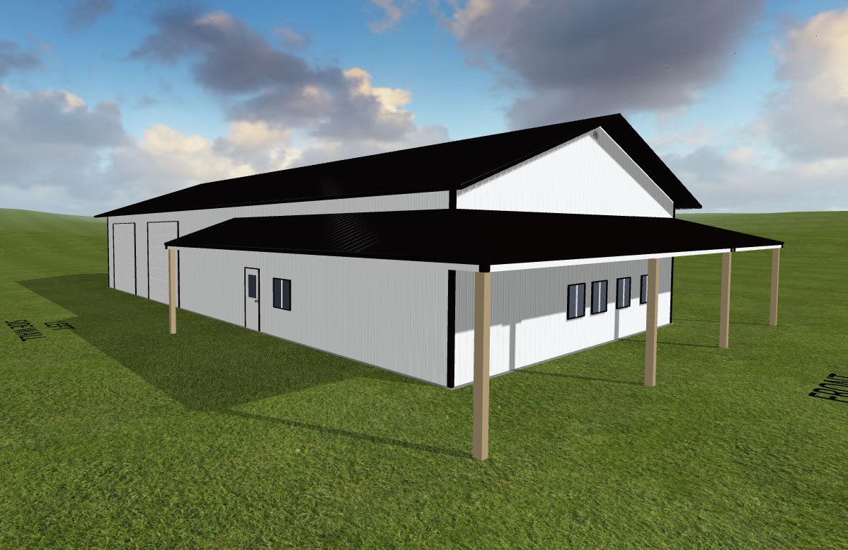 A 3D rendering of a white barndominium with a black roof graces the Louisburg skyline. The structure features large doors, windows, and a covered porch supported by wooden beams. It is set on a grassy landscape under a partly cloudy sky.