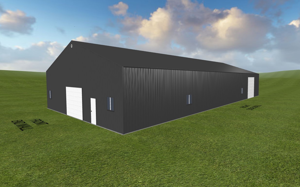 A large, dark gray warehouse that resembles a spacious garage stands on a grassy field, its white doors hinting at its utilitarian charm. The front door is labeled "Front 600MM," and the side door reads "Side 6600MM," all under a partly cloudy sky.