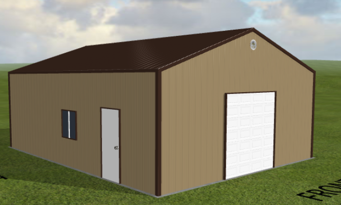 A digital rendering showcases Ref#110651, an all-steel building with a small, brown metal structure and a dark brown gabled roof. It features a white garage door and a regular door with a window, set against a grassy landscape beneath a cloudy sky.