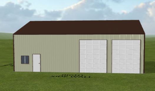 A digital rendering of a beige metal building, Ref#111353, with a brown roof. It features two large white garage doors and a single smaller door with a window on the left side. This hybrid structure is set in a grassy area under a partly cloudy sky.