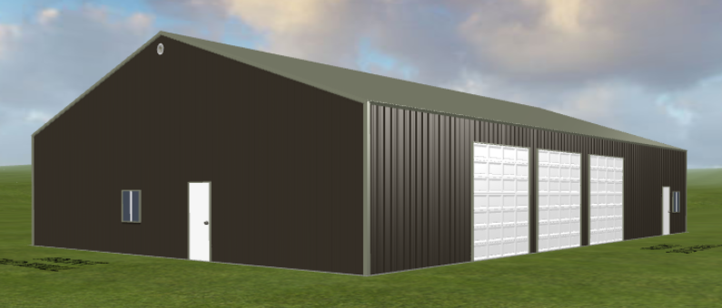 A black metal warehouse, Ref#111352, with a gabled roof stands in an open grassy field. It features a small window and door on the left side, and large white sliding doors on the front. The cloudy sky hints at a hybrid of weather patterns overhead.