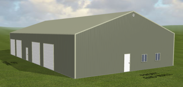 A large, green all-steel barn with a gabled roof, Ref#113151, stands on a grassy field. Measuring 50x84x14, it features three large garage doors, a white entrance door, and two side windows. The sky is overcast with a few scattered clouds.