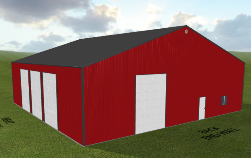 This 3D model showcases an all-steel red barn, measuring 60x60x16, with a dark gray gabled roof. It features three tall white doors in the front and one on the side, set in a grassy field under a partly cloudy sky. Ref#111350.