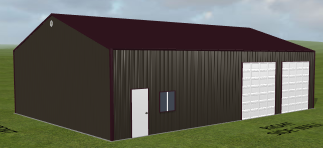 A 34x50x12 rectangular, dark brown hybrid building stands with two white garage doors and a single entrance door. Its sloped roof complements the grassy landscape beneath a partially cloudy sky, identified as Ref#121752.