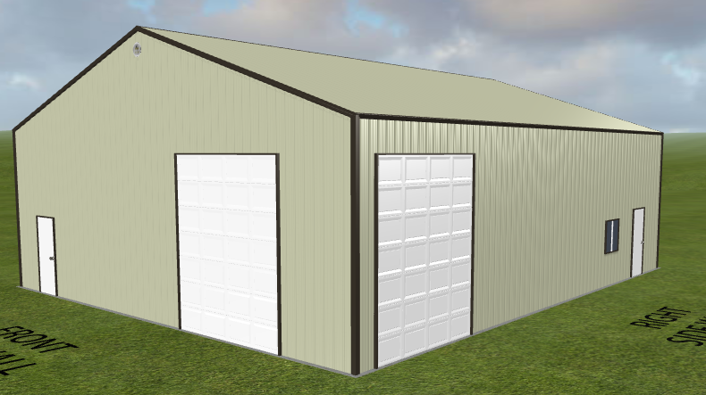 A digital rendering of a large, beige, metal barn measuring 40x48x14 with a steep, slanted roof. It features two large white garage doors and a side entrance. The words "Front" and "Right Side" are labeled on the ground under an overcast sky. Ref#121753 is visible for hybrid model reference.