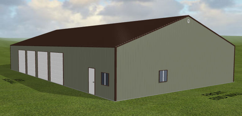 This 3D rendering showcases a large, all-steel storage building measuring 50x84x12, with a dark brown roof and pale green walls. The front features four large garage doors and a single entry door, complemented by a small window on the side. It stands gracefully on a grassy area. Ref#121751.