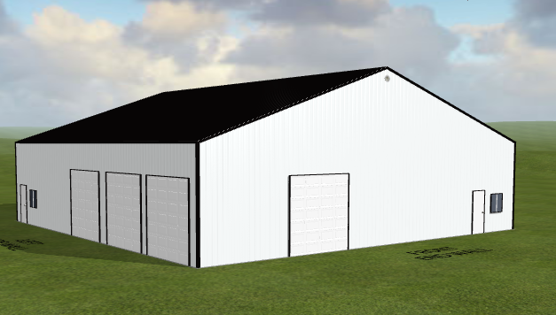 A large, white industrial warehouse, 60x60x14 in size, with a black roof stands on a grassy field under a partly cloudy sky. The all-steel building features three large garage doors and small windows, with a smaller door on the side. Ref#121750 provides more details.