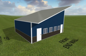 Illustration of a modern blue building with a slanted roof, featuring multiple windows and doors. Labels indicate "Front End Wall" and "Left End Wall." The building is set against a grassy landscape under a partly cloudy sky.