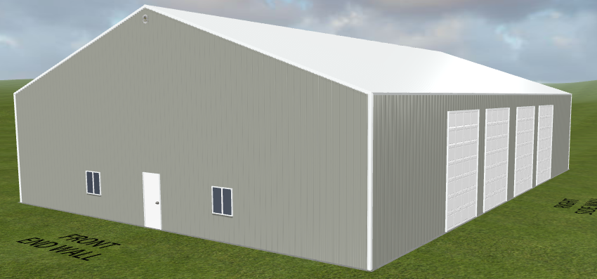 A 3D rendering of a large, gray metal warehouse with a white roof, identified as Ref#012863. The building features a front entrance door, two small windows, and several large garage-style doors along the right side. Spanning 60X84X16 feet, it sits on a grassy landscape under a cloudy sky.